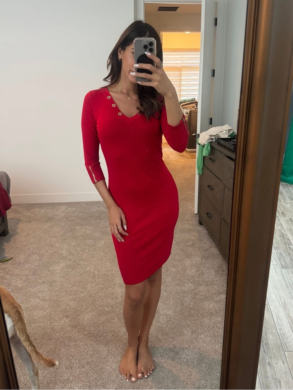 Calvin Klein Red V-Neck Sheath Dress with Grommet Accents